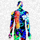 A patterned silhouette of a human body, with shimmering dots