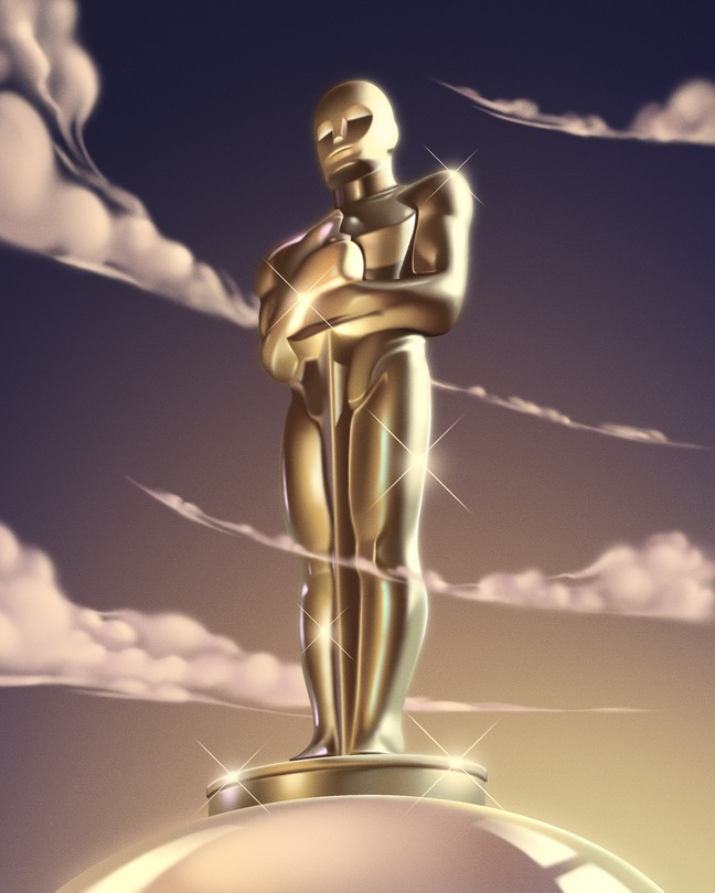 A giant Oscars statue looming in the sky