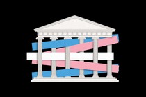 An illustration of the Supreme Court building with the colors of the trans flag woven through its columns.