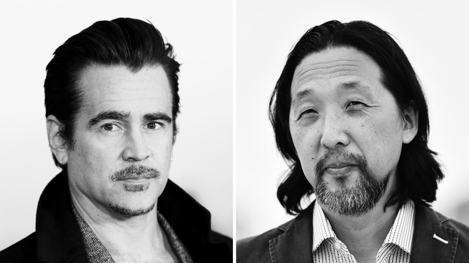 A diptych of portraits of Colin Farrell and Kogonada