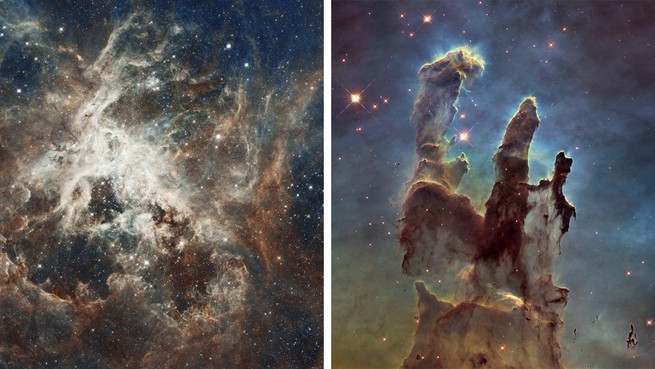 Hubble pictures of a star-forming region and pillar-shaped clusters of newly made stars