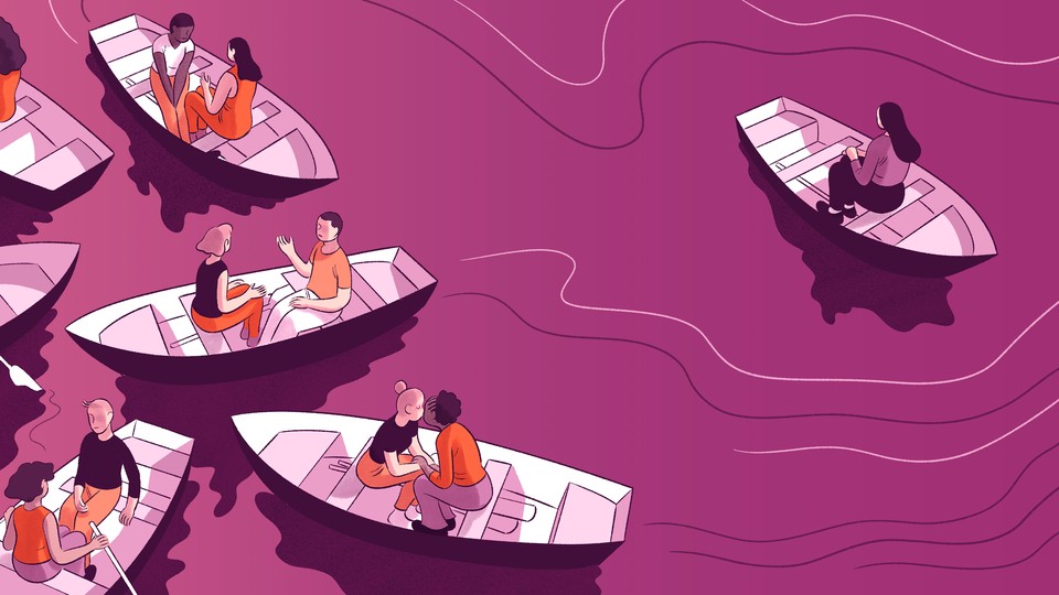 An illustration of several couples in boats together and a single woman in a boat by herself