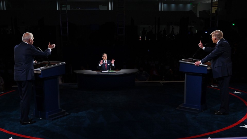 Donald Trump, Joe Biden, and Chris Wallace during the first presidential debate of 2020