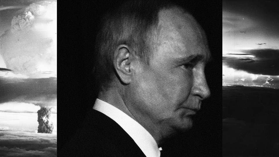 An photo-illustration of Vladimir Putin flanked by images of a nuclear detonation