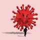 Illustration of a giant coronavirus molecule chasing a running figure