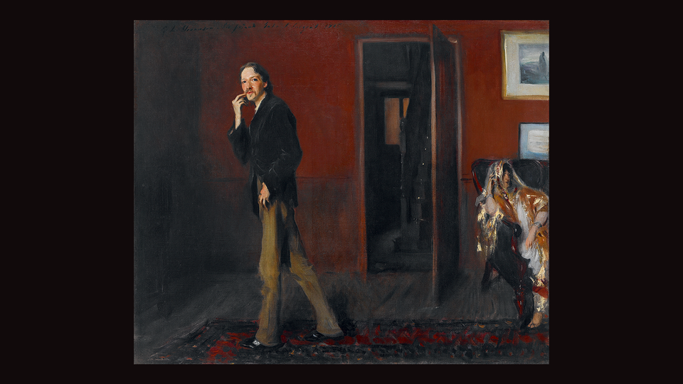 painting of thin bearded man walking in room with open door behind and woman sitting at right edge in a chair