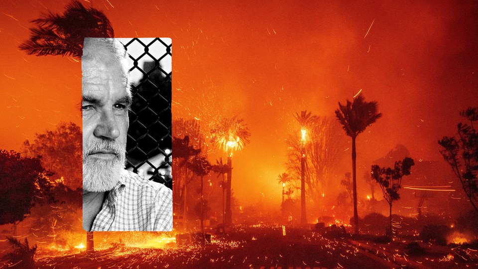 A long rectangular black and white photo of a bearded man collaged with a picture of raging fires over palm trees.