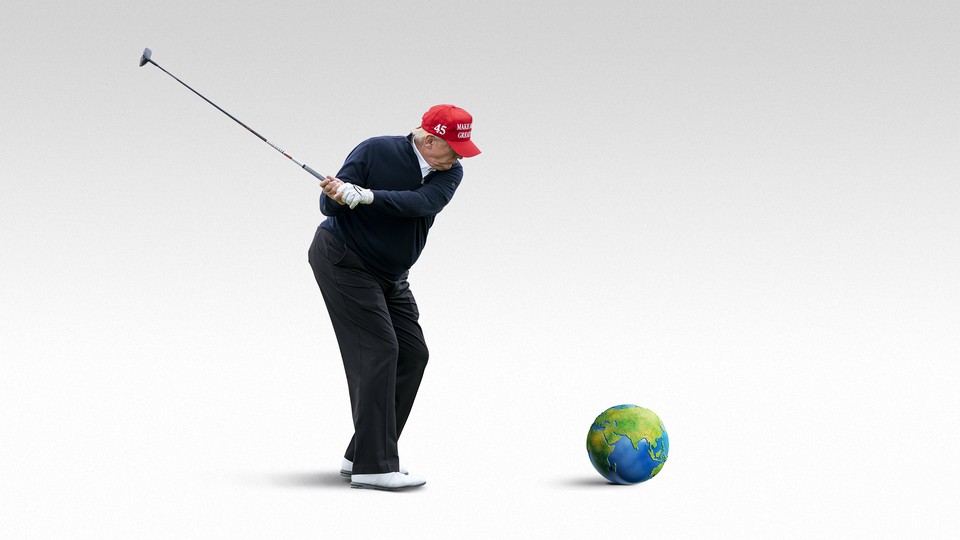 A color photo-illustration of Donald Trump in a red MAGA cap swinging a golf club at a soccer-ball-size Earth