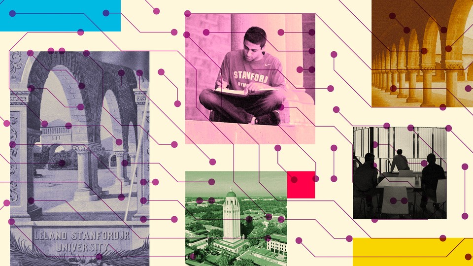 A collage of brightly colored images of Stanford's campus and students set against a geometric background with lines and nodes.