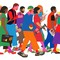 Illustration of colorfully dressed, multiracial crowd walking with cellphones, coffees, laptops, and creative tools