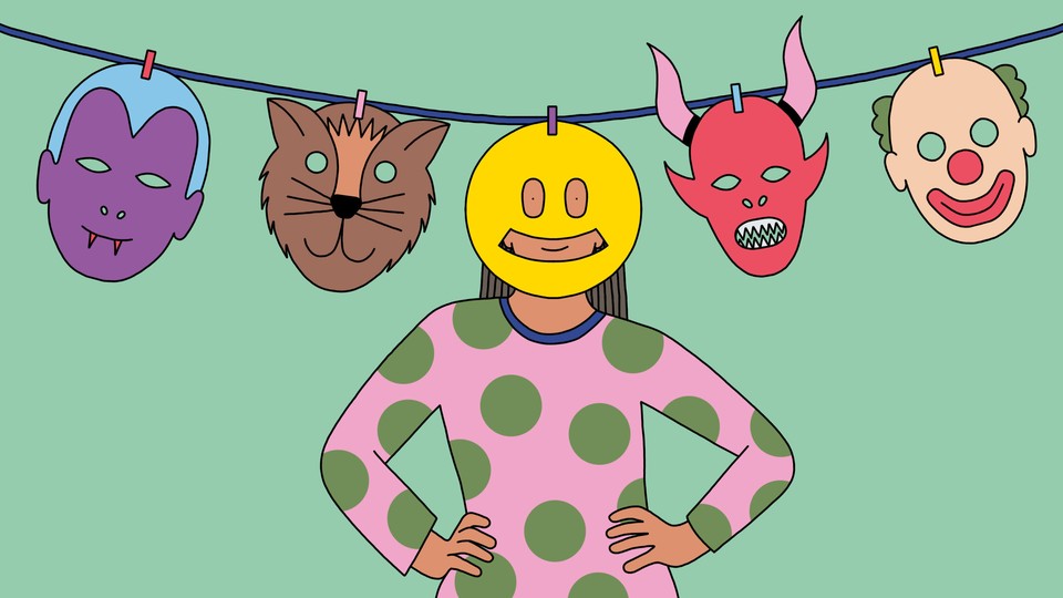An illustration of Halloween masks hanging from a clothesline. A person is standing behind a smiley-face mask hanging from the clothesline.