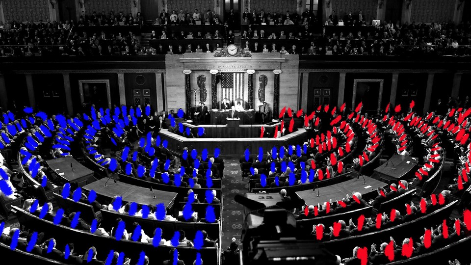 A visual representation of a Democratic House and Senate majority, using an image from a past State of the Union address