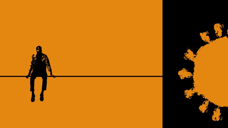 An illustration of a man sitting on a wire, with a representation of the coronavirus off to the side