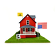 A red toy house on turf with an upside down American flag, J4J6, and a 'Don't Tread on Me' sign on top and in the yard.