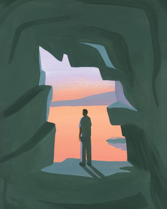 Painted illustration of man seen from behind in a jagged cave opening, silhouetted against a pink sky and landscape beyond.