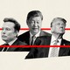 A collage of black and white photos shows Elon Musk, Xi Jinping, and Donald Trump, with one red line passing behind them and below.