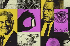 A photo collage in purple and yellow depicting a cow, RFK jr, a hand holding a vial, and other images