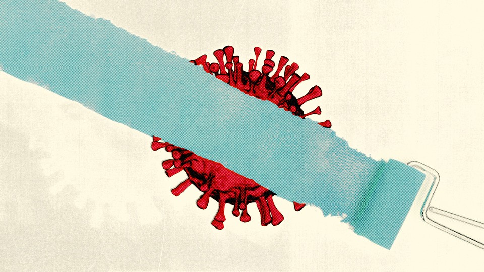 A paint roller in blue-green starts to paint over a red coronavirus.