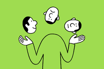 drawing of figure juggling 3 heads with 3 different expressions on green background