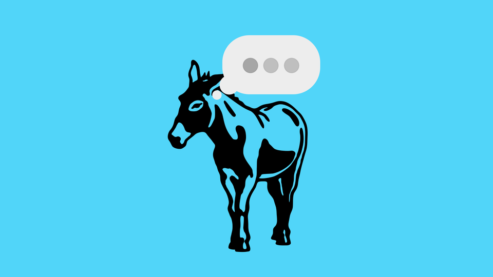 A Democratic donkey with the "typing" dots in its thought bubble