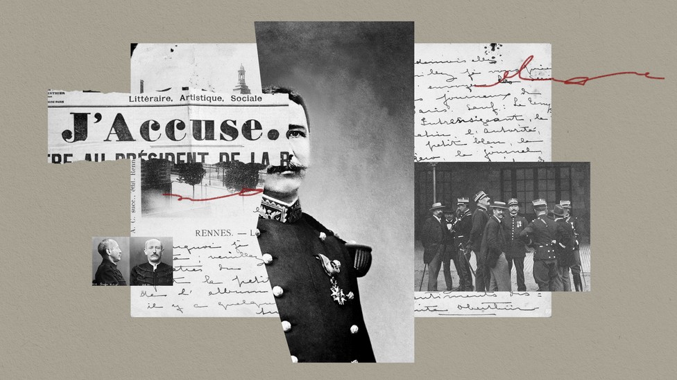 A collage featuring French letters, newspaper headlines, and photographs.