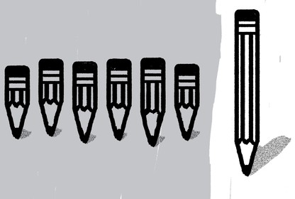 A drawing of short pencils on a gray background and one long pencil on a white background