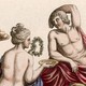 Illustration of two topless women draped in robes making an offering to a topless man in robes
