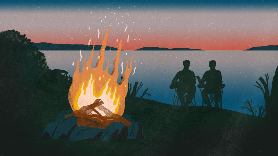 An illustration of a campfire, in the background, the silhouettes of two men sit in camping chairs looking at a sunset over a lake