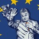 An illustration of Hungarian leader Viktor Orban blocking the view of a photographer in front of an EU flag.