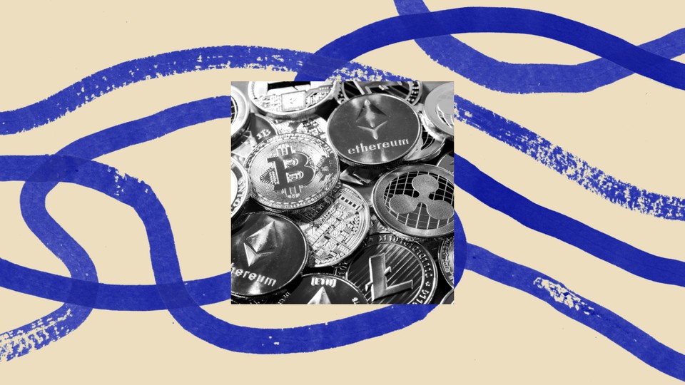 A photo of coins with Bitcoin and Ethereum logos, bordered by an illustration
