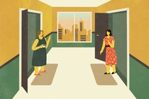 Two women stand in doorways across the hall from each other, waving. New York City can be seen out the window in the background.