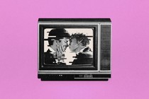 Old-school TV on a hot pink background, with an image from "Heated Rivalry' on the screen