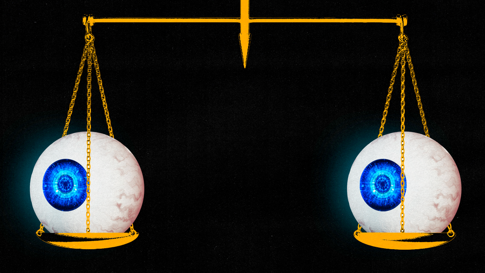 Illustration of two cybernetic eyeballs on the scales of justice