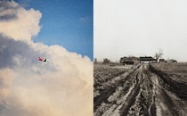 Side-by-side photos of a plane flying and a dirt road leading to a house