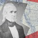 Black-and-white image of James K. Polk over old maps of the United States in red, white, and blue