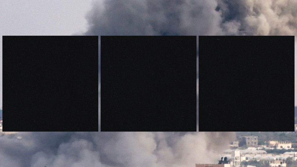 Photo of smoke rising from Gaza, obscured by black squares