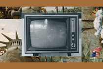 A '90s TV set in the center of a frame featuring The Experiment’s show art