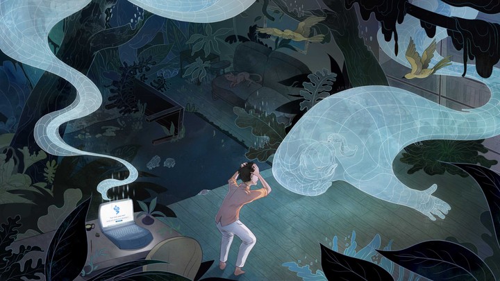 A genie emerges from a laptop and appears before a terrified person.