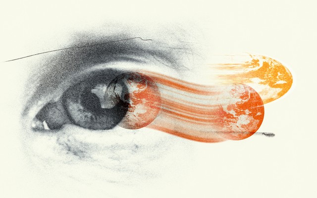 An illustration of red and orange globes smearing into an eyeball