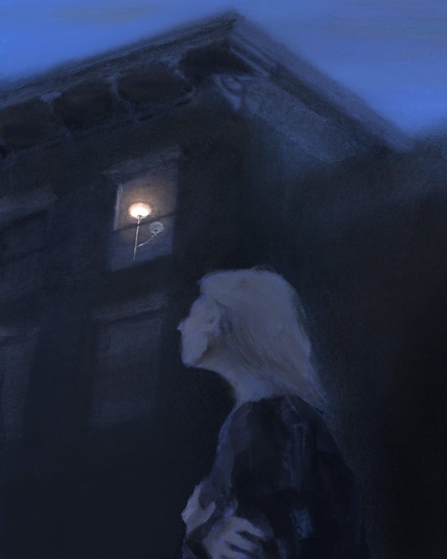 Illustration of night scene with woman hugging herself and looking up at window in darkened building with one lamp lit