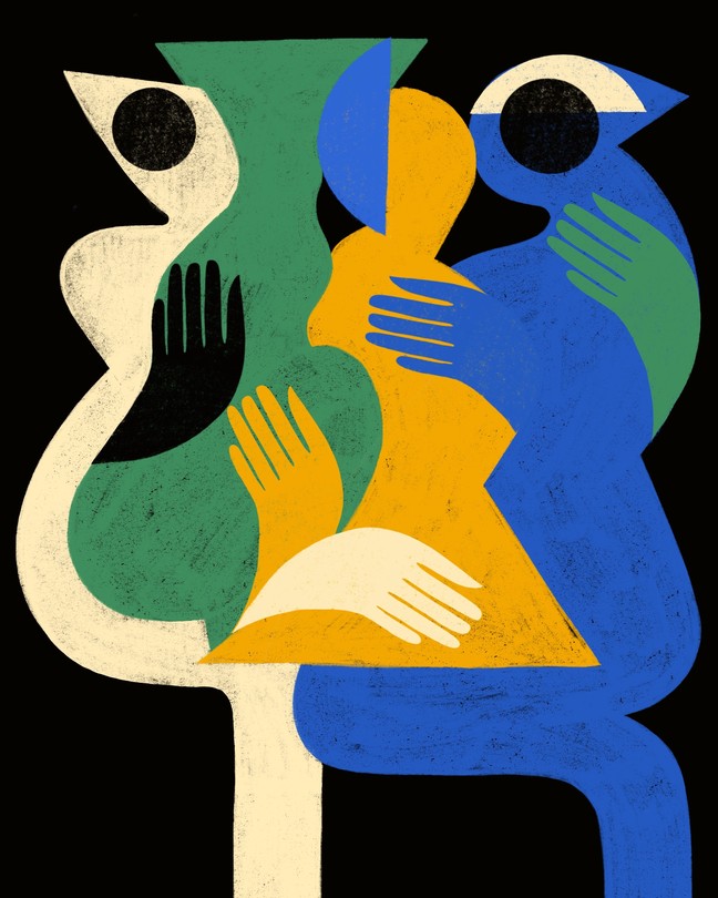 Illustration of figures close together, hugging each other