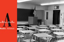 An empty classroom in black and white