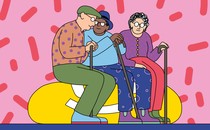 Illustration of three elderly people sitting on a large, elongated smiley face