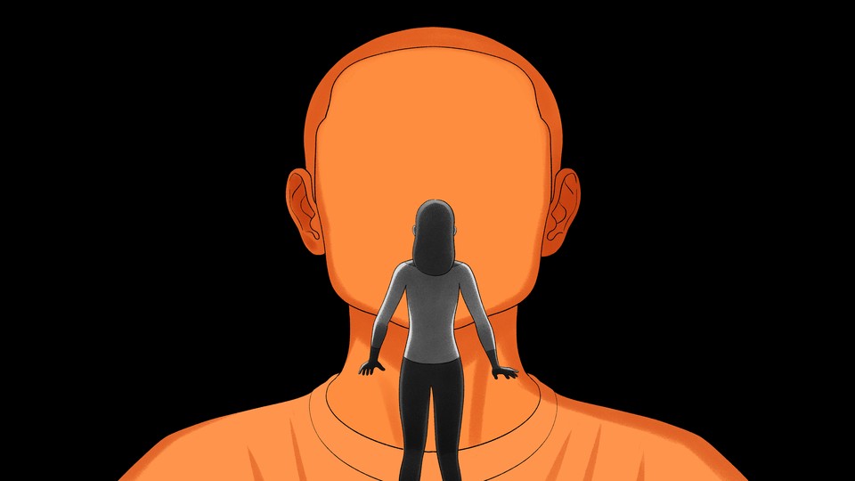a woman stands in front of a large faceless man