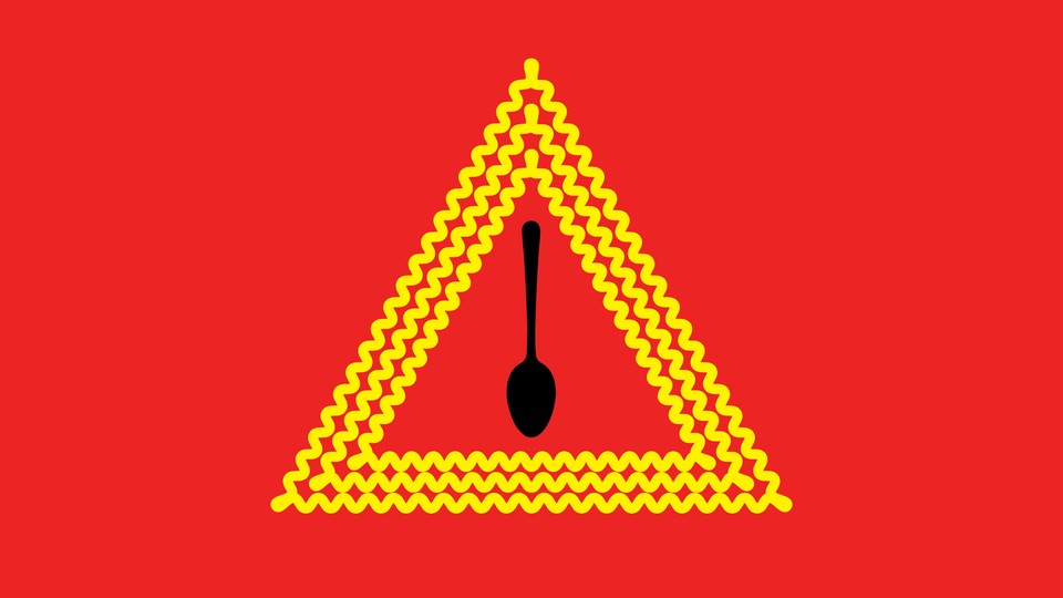 An illustration of a yield sign with a triangle made of noodles, and a spoon in the middle.