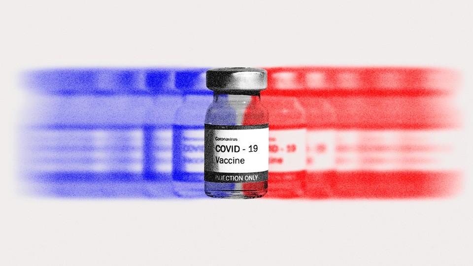 A vaccine bottle in red and blue