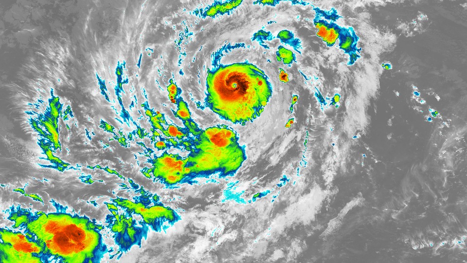 A nighttime infrared image of Hurricane Irma in the Atlantic Ocean