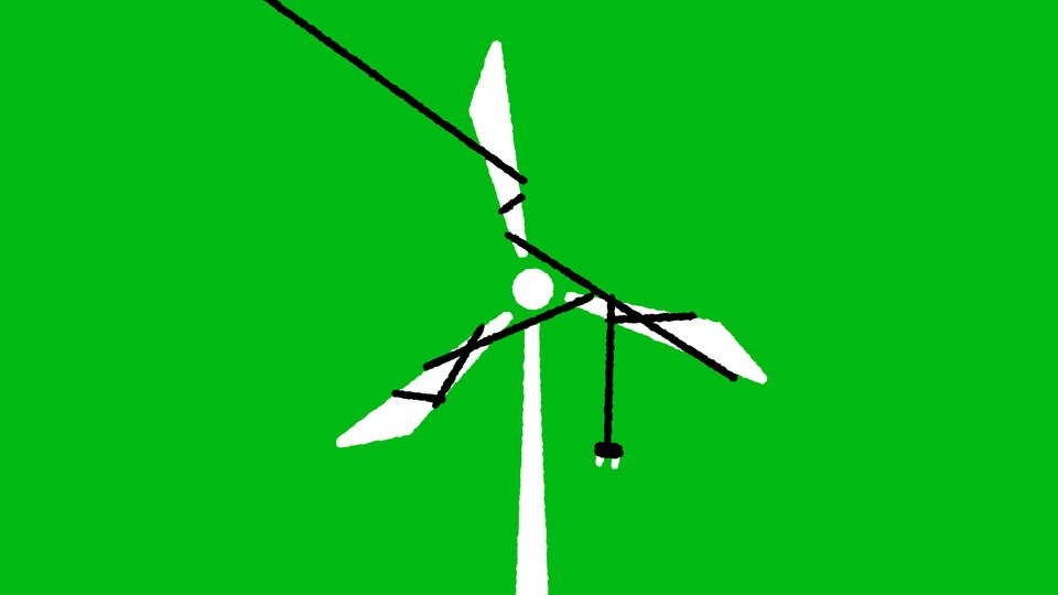 A windmill getting tangled by an electrical cord