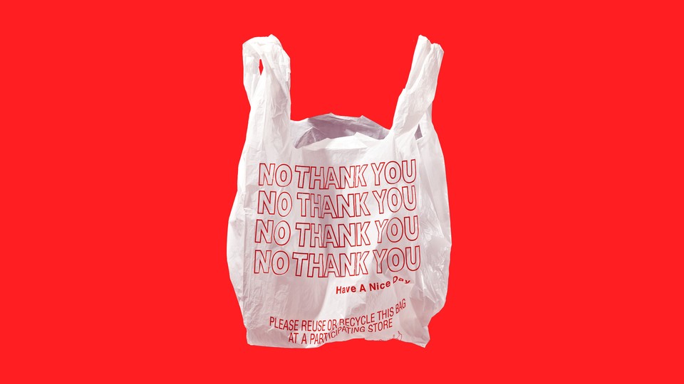 A plastic bag that says "no thank you"