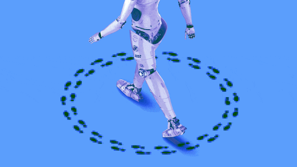 A humanoid robot taking a step, with animated footprints spinning around it